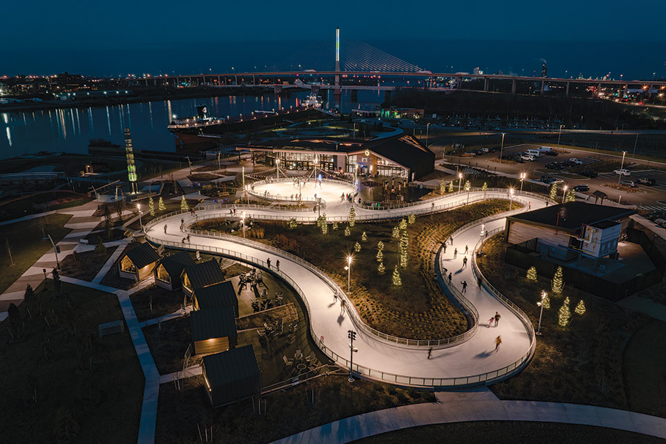 A wintertime aerial view of The Ribbon at Metroparks Toledo (photo courtesy of Metroparks Toledo)