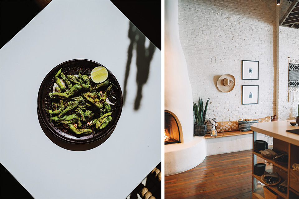 Grilled shishito peppers (left) and the interior of the dining room (right) at Sueno in Dayton (photo by The Content House)
