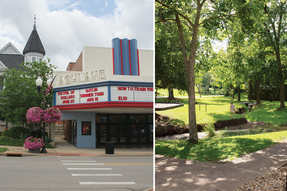 Left: exterior of The Ashland Theatre, right: Brookside Park in Ashland (photos by Rachael Jirousek)