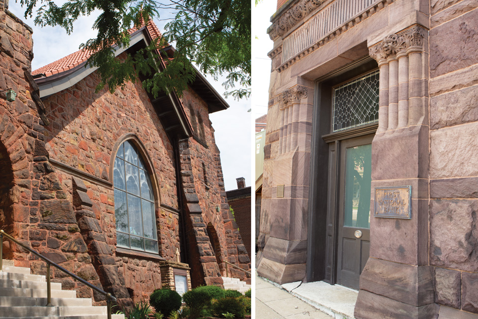 Left: Exterior of First Presbyterian Church in Barnesville; right: entrance of the historic Bradfield Building (photos by Rachael Jirousek)