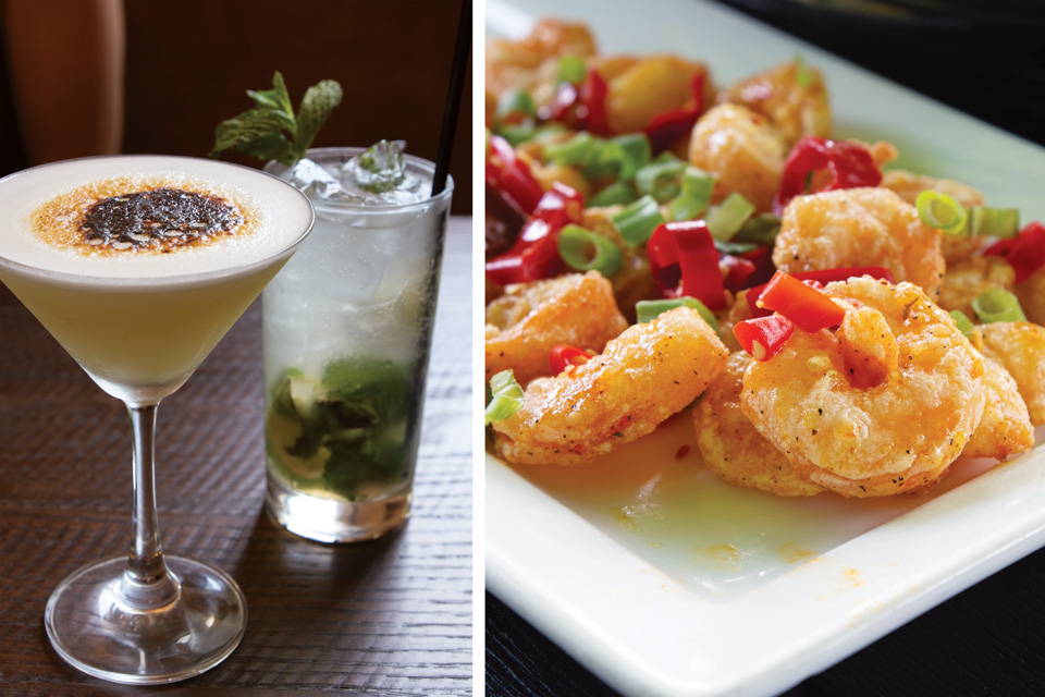 Left: cocktails at The Industry Kitchen + Bar in Green, right: crispy shrimp at The Twisted Olive in Green (photos by Rachael Jirousek)