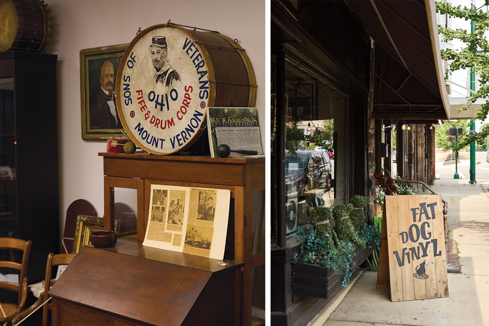 Left: historic artifacts at Knox County Historical Society in Mount Vernon, right: sign for Fat Dog Vinyl in Mount Vernon (photos by Brian Kaiser)