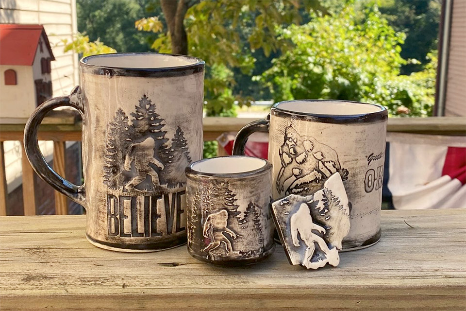 Mugs and magnet from Crow House Pottery in Coshocton (photo courtesy of Crow House Pottery)