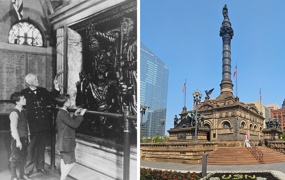 Left: Historic photo from Soldiers’ and Sailors’ Monument; right: exterior of Soldiers’ and Sailors’ Monument on Cleveland’s Public Square