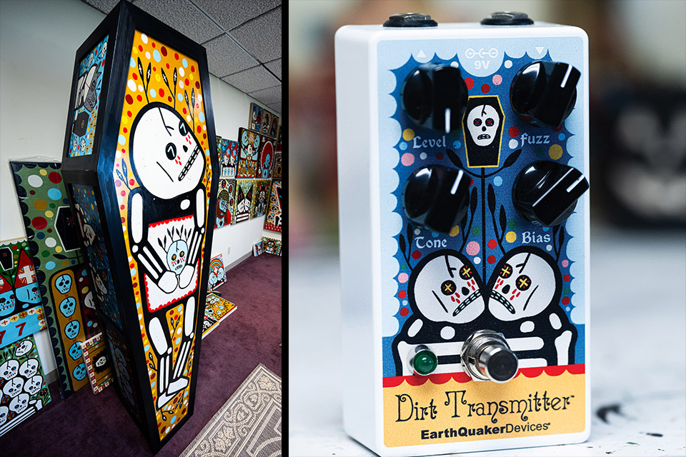Mike Egan created a coffin featuring his artwork (left). Ohio-based EarthQuaker Devices hired him to create the art for one of its guitar pedals (right) (photos by Ken Blaze)