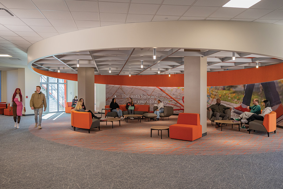 Students and teachers sitting in a common area at the Geoffrey H. Radbill Center for College and Life Design (photo courtesy of Bowling Green State University)