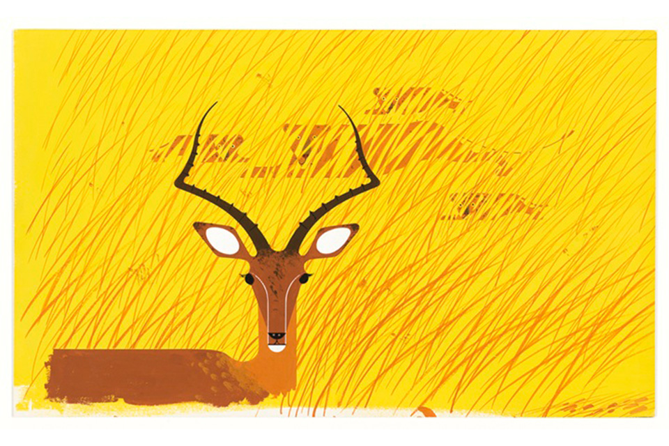 Charley Harper’s “Impala in the Grass (Daytime)” (circa 1961, gouache on illustration board, Cincinnati Art Museum; Museum Purchase: Bequest of Mr. and Mrs. Walter J. Wichgar) © Charley Harper, all rights reserved