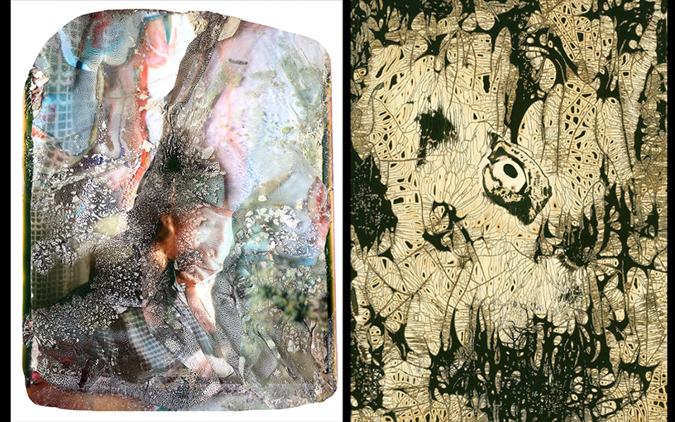 Left: Jon Verney, “Untitled (Primavera)”; Right: Nolan Preece, “Shadowgraph” (photos courtesy of Dayton Art Institute)