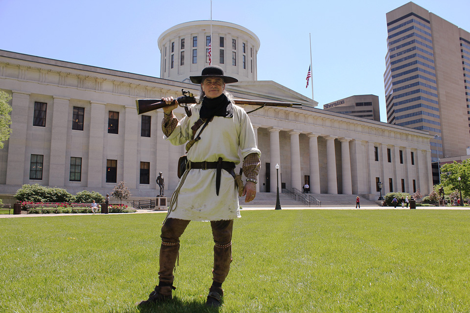 Reenactor standing outside Ohio Statehouse (photo courtesy of Ohio Statehouse)