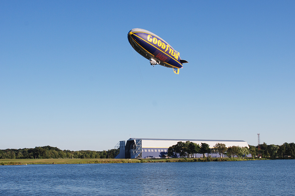 Goodyear Blimp flying over Wingfoot Lake (photo courtesy of Ohio Department of Natural Resources)