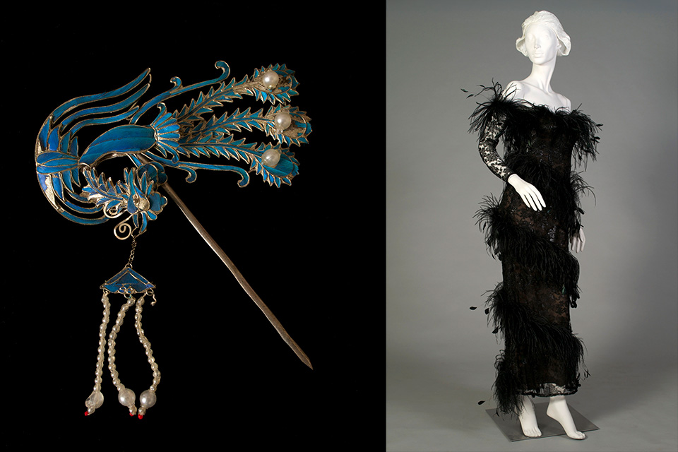Hair ornament (left) (courtesy of the collection of the Kent State University Museum, Silverman/Rodgers Collection) Black dress with feather trim (right) (courtesy of the collection of the Kent State University Museum, Gift of Yves Saint Laurent)