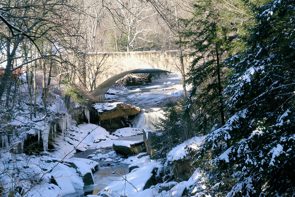 View of an icy bridge from the Hemlock Trail during The Beauty of Winter hike at Brecksville Reservation (photo courtesy of Cleveland Metroparks)