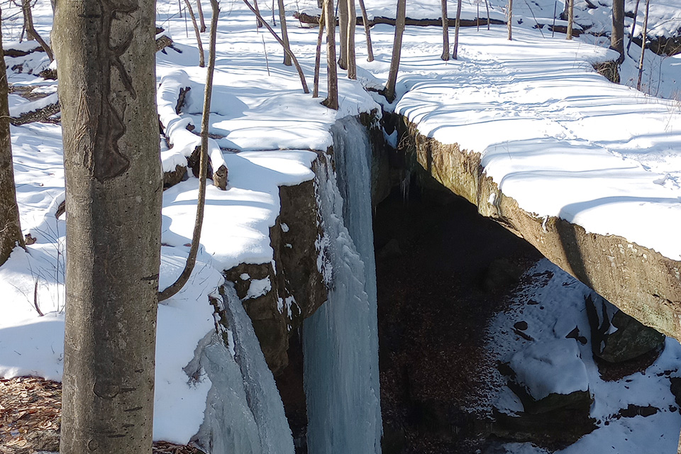 Snow-covered rock formation at Rockbridge State Nature Preserve during Winter Wander (photo courtesy of Rockbridge State Nature Preserve)