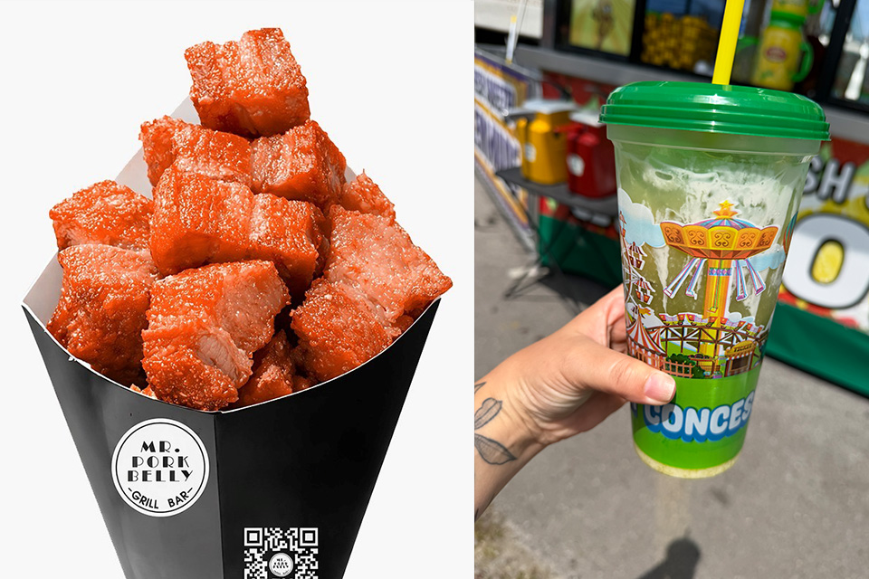 Mr. Pork Belly cone (photo by Peter Regalado); Matcha Lemonade (photo by Garrett McCormick)