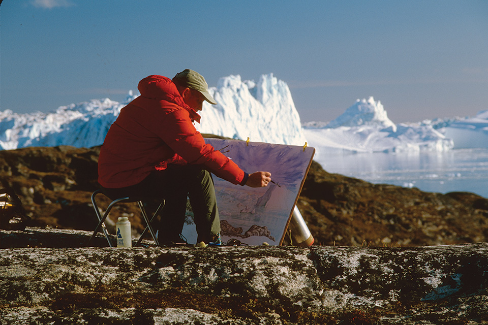 Tony Foster painting in Ilulissat looking across the Kangia Icefjord, Ilulissat, Greenland, 2001 (photo by Peter Murray, courtesy of The Foster Museum)
