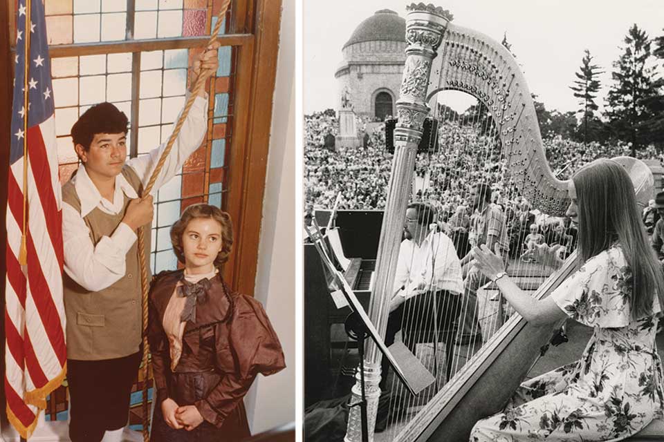 Left: Scott Shaffer and Kathy Orr at Mount Pleasant United Presbyterian Church in Kingston, right: harpist at concert at McKinley National Memorial in Canton (photos by Marcus T. Orr, R.C. Bixler)
