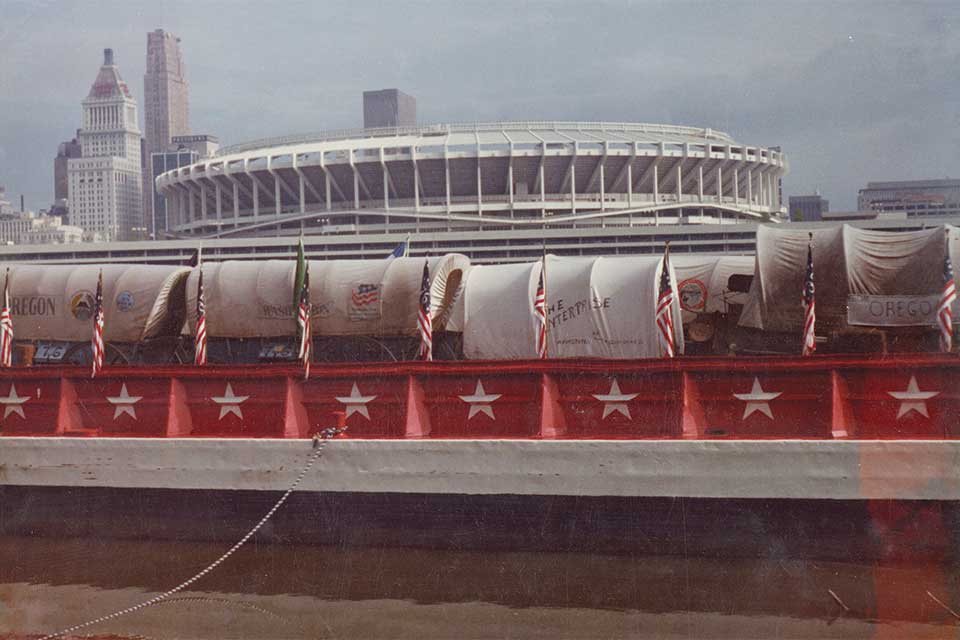 Bicentennial Wagon Train outside of Riverfront Stadium in Cincinnati (photo by Madeline Hill)