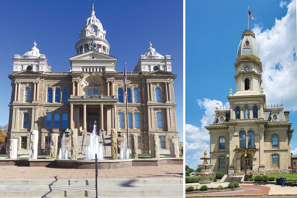Left: Miami County Courthouse in Troy, right: Logan County Courthouse in Bellefontaine (photos by Jordan McAlister, Doris Bowling)