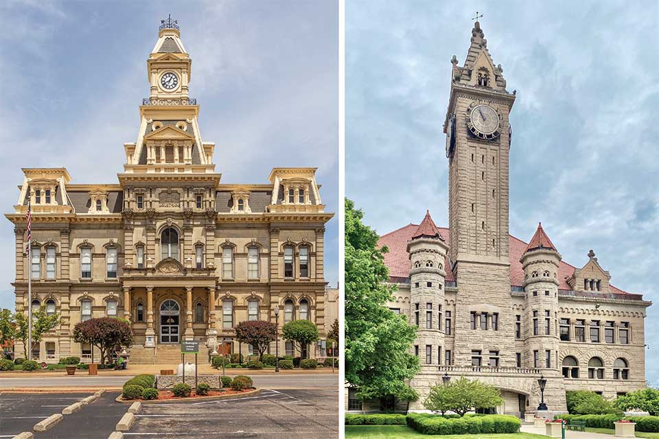 Left: Muskingum County Courthouse in Zanesville, right: Wood County Courthouse in Bowling Green (photos by Christopher Riley, Warren LeMay)