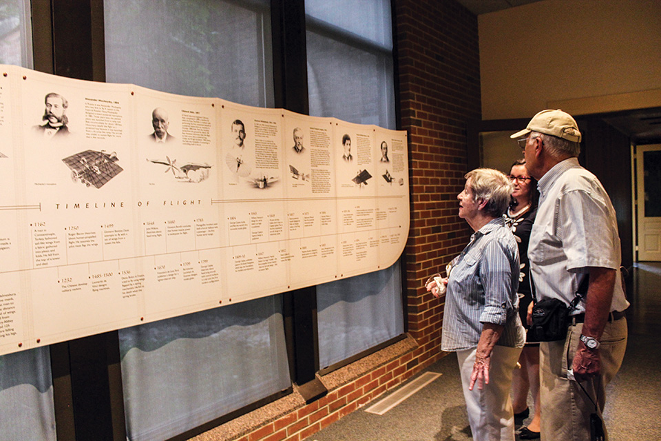 People looking at display at the Wright Brothers National Museum at Carillon Historical Park (photo courtesy of Dayton History)