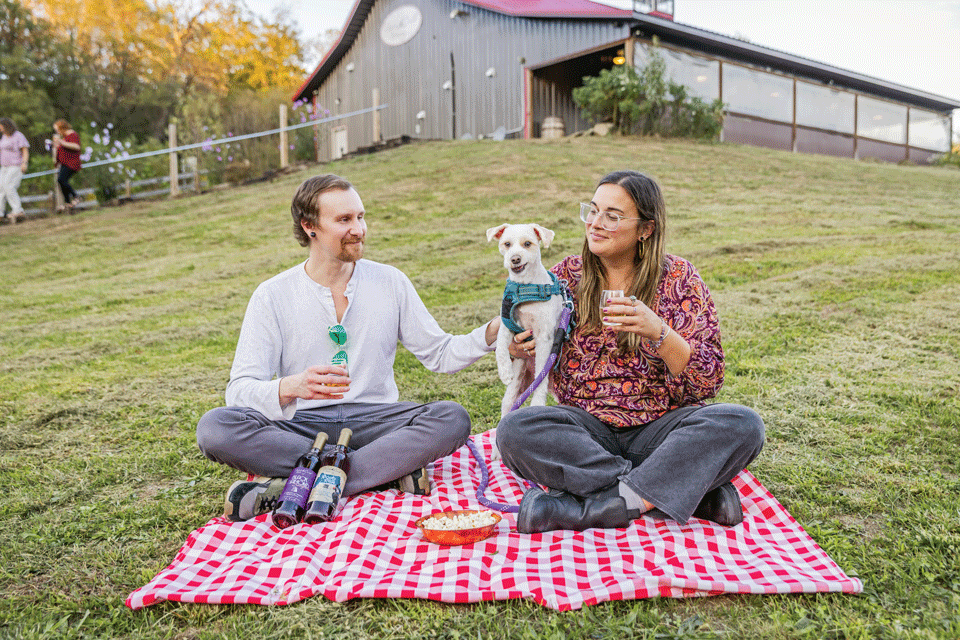 Couple sitting on picnic blanket with dog at Dutch Creek Winery in Athens (photo by Matthew Allen)