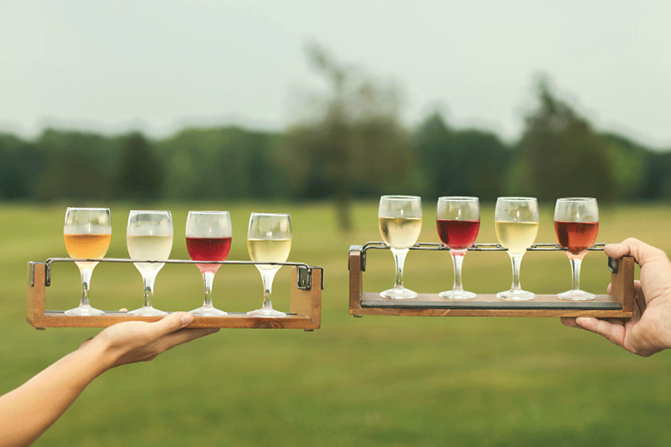 People holding wine flights at The Winery at Harvest Moon Golf Course in Defiance (photo courtesy of The Winery at Harvest Moon Golf Course)