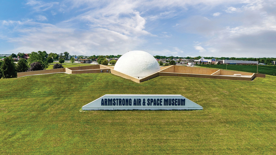 Drone view of Armstrong Air & Space Museum in Wapakoneta (photo courtesy of Armstrong Air & Space Museum)