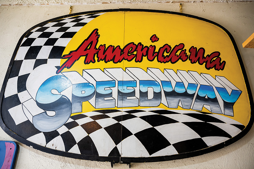 Americana Speedway sign from Troy Parsh’s amusement park collection at Grafton home (photo by Ken Blaze)