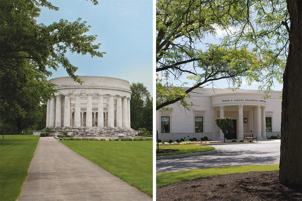 Left: Harding Memorial, right: Warren G. Harding Presidential Library and Museum in Marion (photos by Rachael Jirousek)