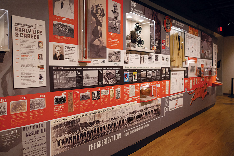 Paul Brown wall-length timeline at the Massillon Museum (photo by Kelly Larson)