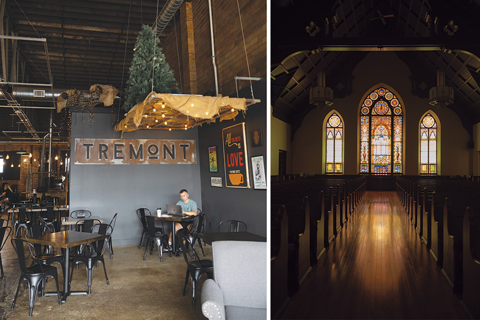 Left: man working at Tremont Coffee Co. in Massillon, right: St. Timothy’s Episcopal Church (photos by Kelly Larson)