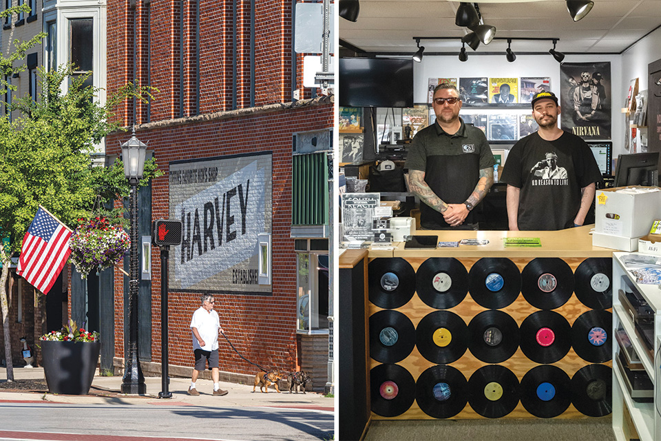Left: downtown Tiffin; right: 22mrkt Records (photos by Doug Hinebaugh)