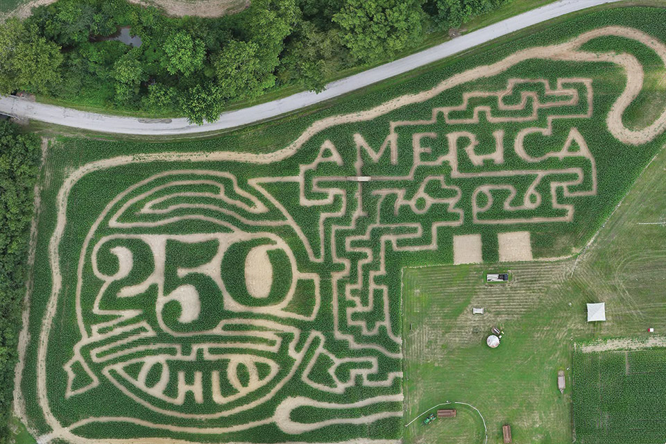 America 250-Ohio corn maze at McPeek’s Mighty Maze at the Coshocton KOA Holiday campground (photo courtesy of Ohio History Connection)