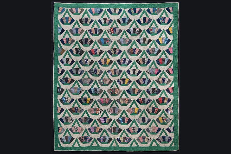“Baskets Quilt” at “Wall Power: Spectacular Quilts from the American Folk Art Museum” at the Dayton Art Institute (photo from the American Folk Art Museum, New York. Gift of Karen and Werner Gundersheimer, 2018.2.16. Photo by Gavin Ashworth)