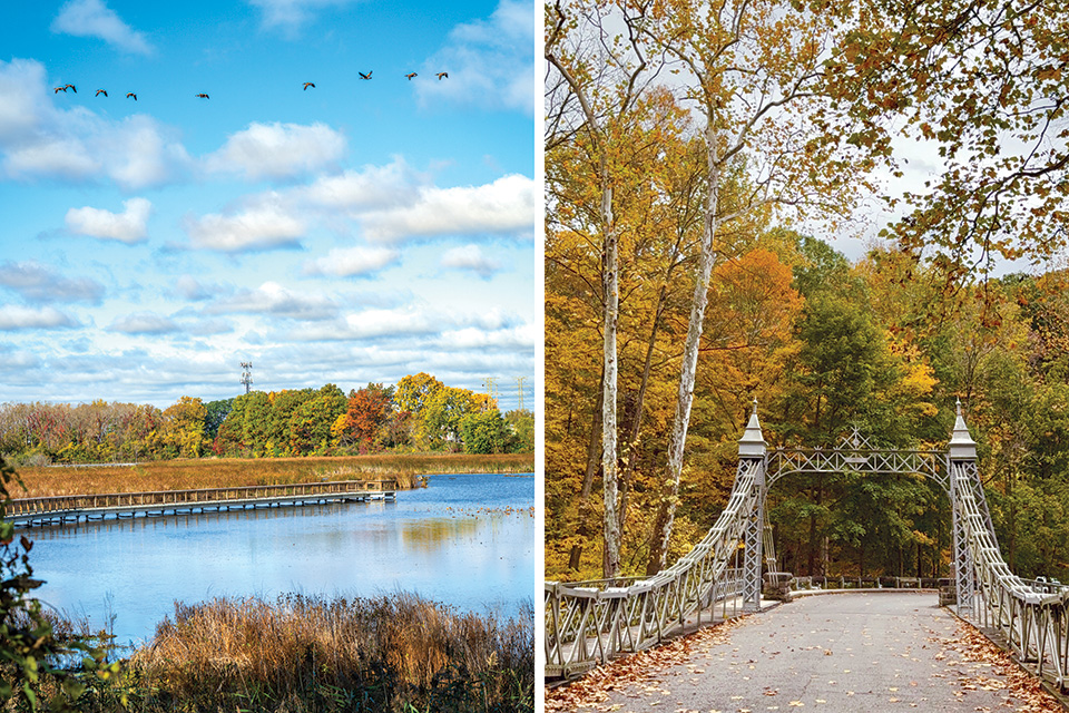 Left: fall color at Manhattan Marsh Preserve Metropark in Toledo, right: Suspension Bridge in Mill Creek Metro Parks in Youngstown (photos by Doug Hinebaugh and Summer Dawne)