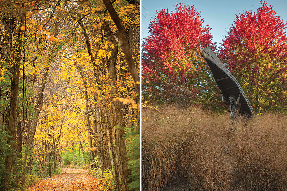 Left: fall color at Rentschler Forest MetroPark in Hamilton, right: Portage Path Northern Terminus Sculpture in Summit County (photos by Rick Barge and Anthony Boarman)