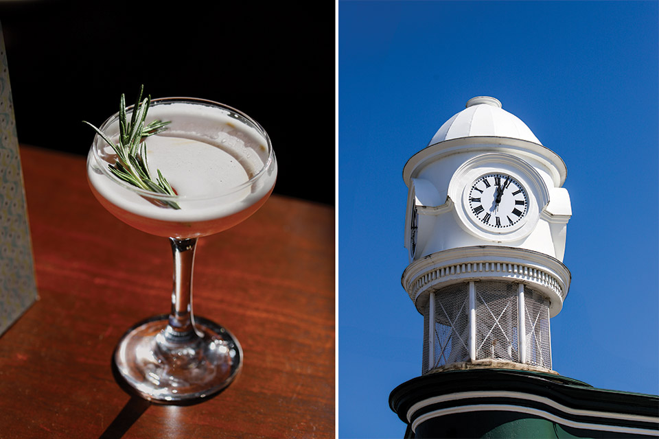 Left: framboise cocktail, right: gravity-driven clock at The Clocktower Kitchen & Bar in Plain City (photos courtesy of The Clocktower Kitchen & Bar)