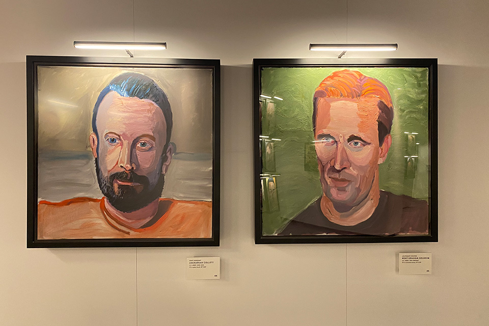 Portrait of William Collett of Washington Court House, Ohio, (left) hanging alongside a portrait of Kent Graham Solheim